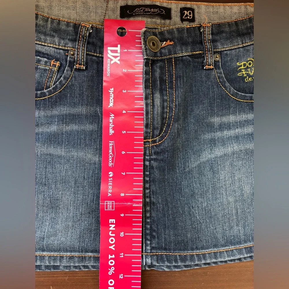 Ed Hardy Blue Denim Mini Skirt with Yellow Logo - Picture 3 of 8